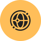 Globe icon on orange circular background.