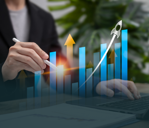 Businessman analyzing a growing financial graph.
